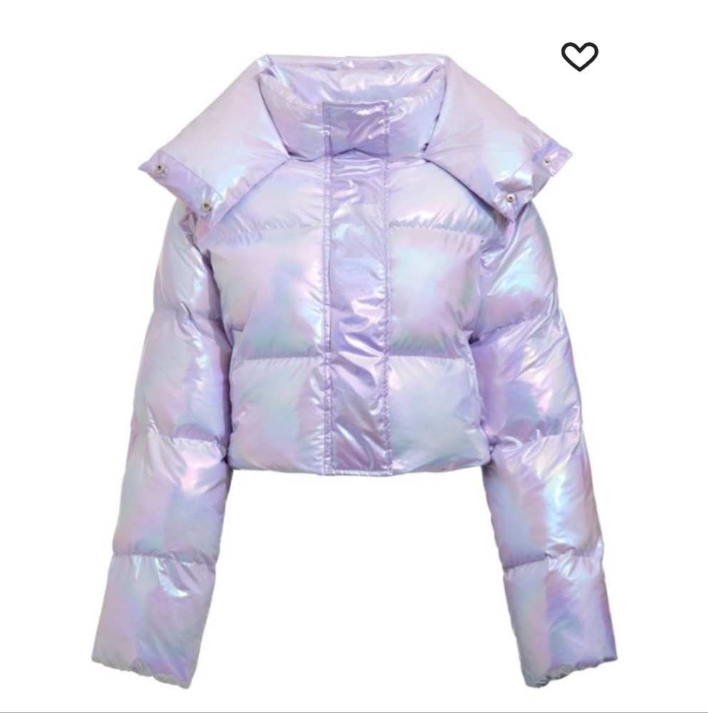Unreal Fur Puffer Jacket cropped  vegan silver violet 💜 3 Pockets